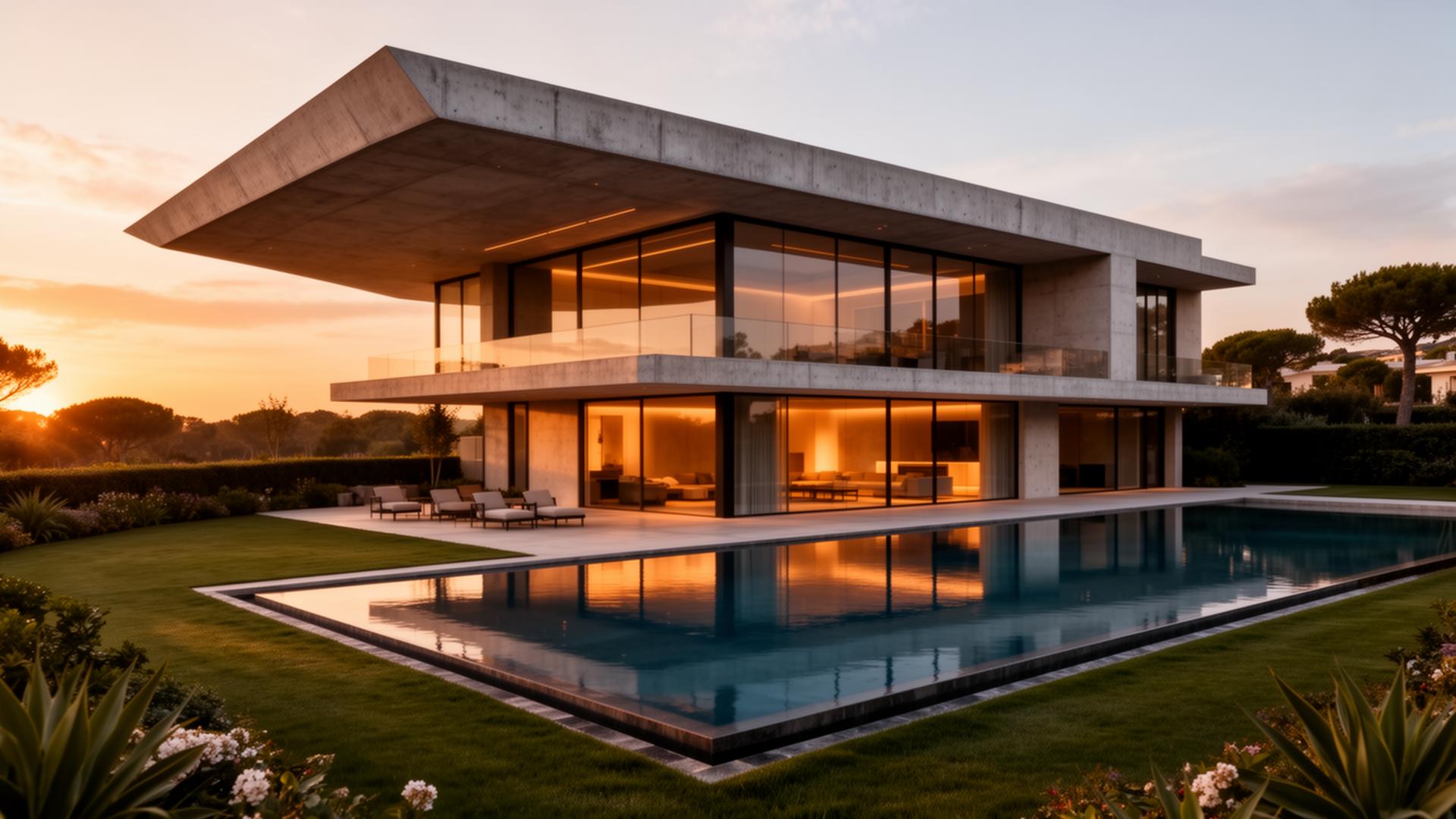 Modern luxury villa at golden hour
